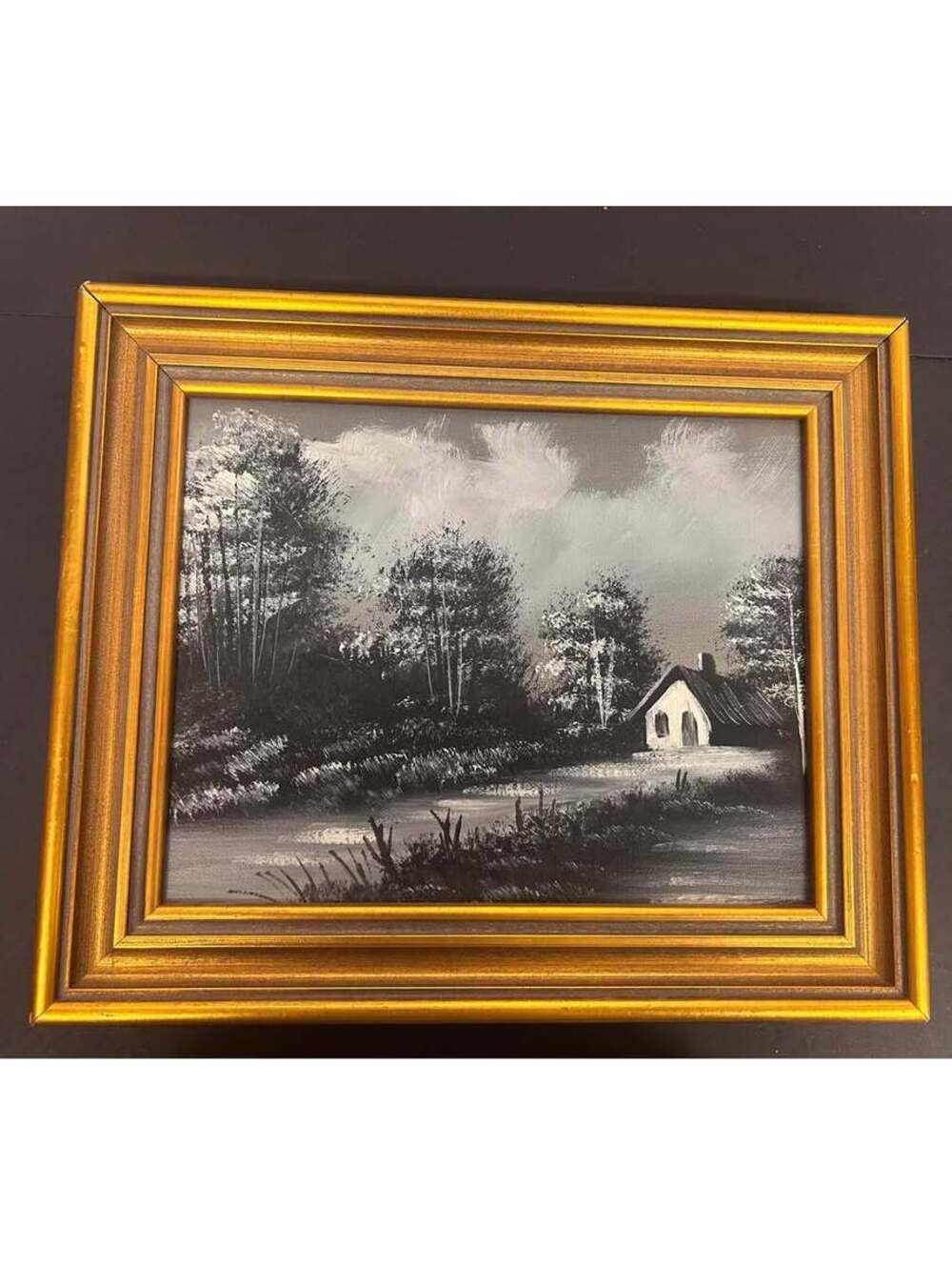 Monochrome Cottage Landscape Oil Painting in Gold Frame